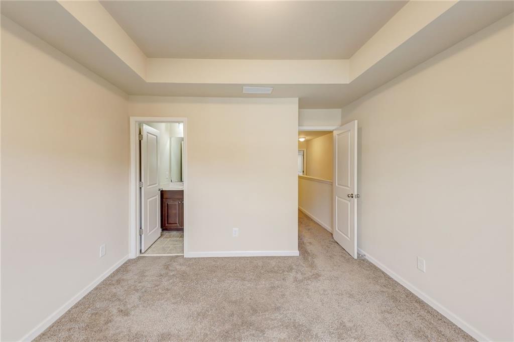 Carpeted spare room with a raised ceiling