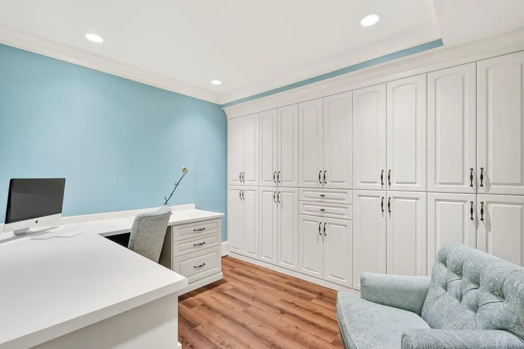 Terrace level office with built in bookshelves
