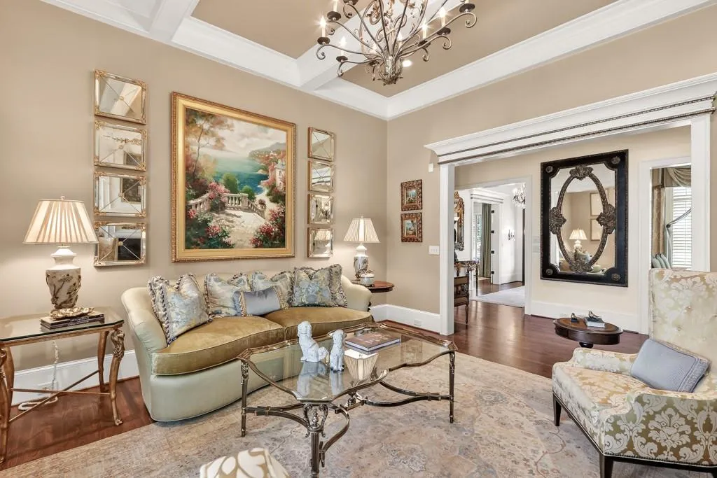 Formal Living Room with 12' ceilings, beautiful molding, fireplace
