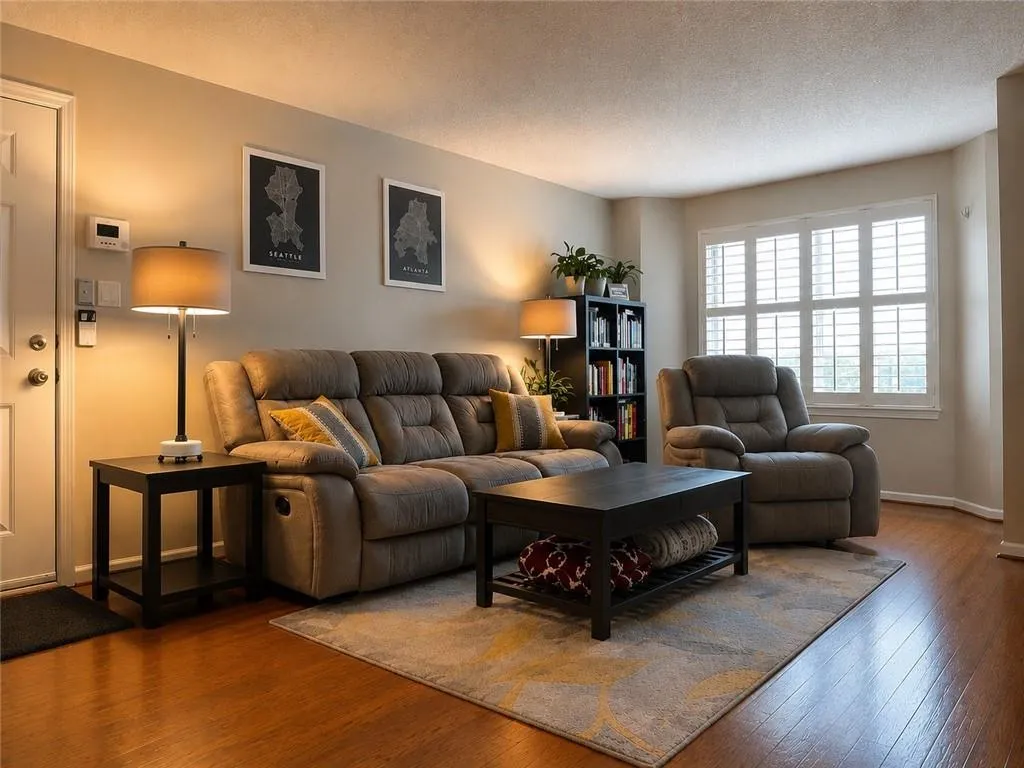 Living area featuring wood-finish flooring, neutral wall tones, and a large window with white louvered shutters