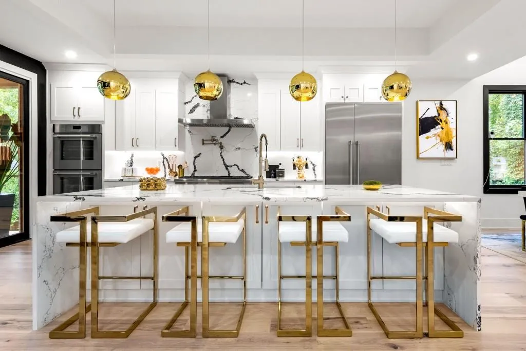 Kitchen with large island and barstools