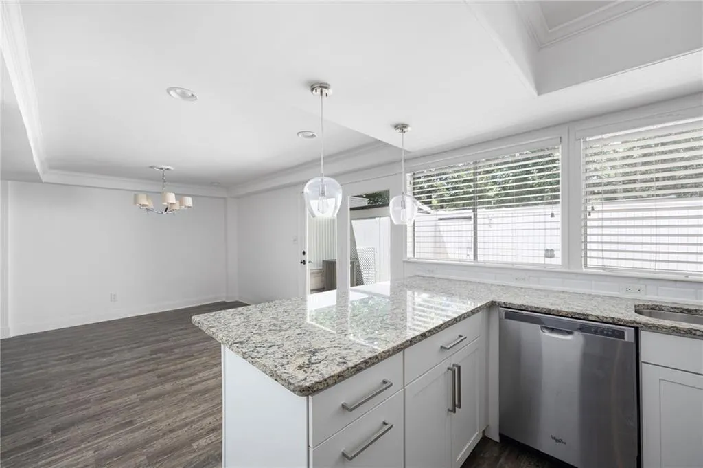 Kitchen featuring hanging light fixtures, stainless steel dishwasher, dark hardwood / wood-style floors, and light stone counters