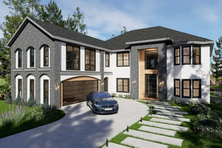 Contemporary exterior featuring a stone and white brick facade