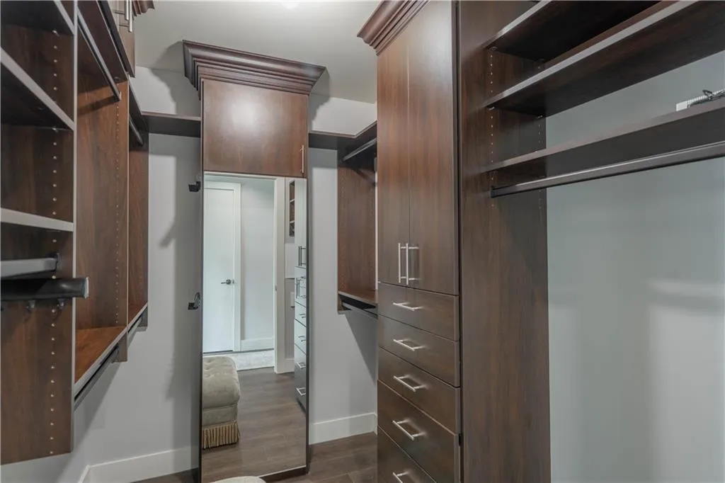 Walk in closet with dark wood-style floors