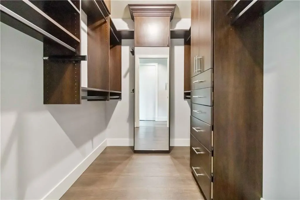 Walk in closet with wood finished floors