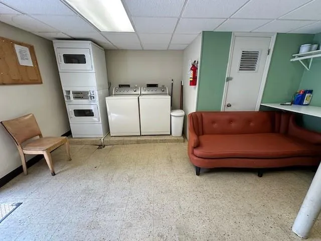 The laundry room is spacious and has bathroom.