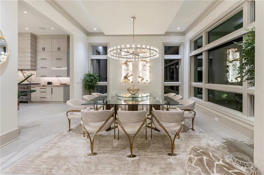 Dining Room with custom made square glass table for 12