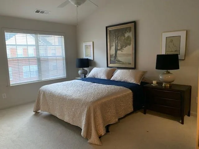 A true welcoming primary bedroom oasis, lots of natural light and vaulted ceiling!