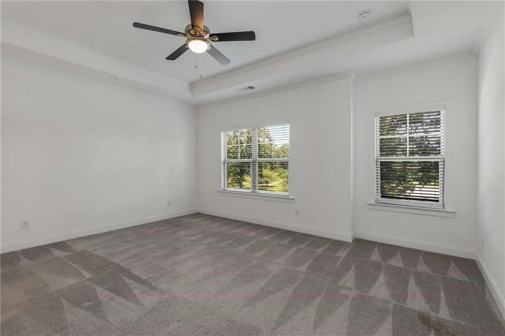 Carpeted spare room with a raised ceiling, ornamental molding, and ceiling fan