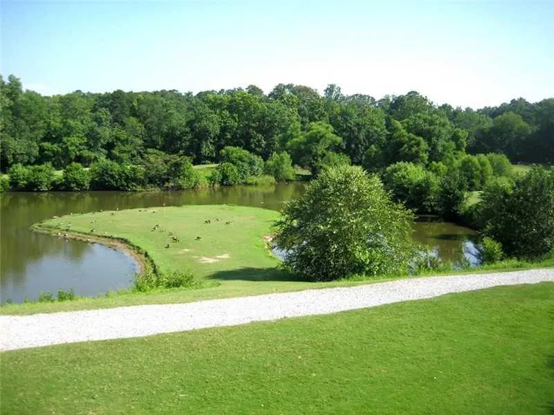 Surrounding community with lush landscaping and water view.
