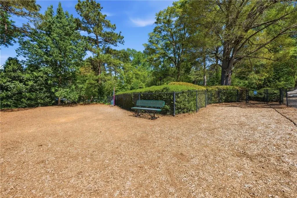 View of yard with a dog friendly area and view of wooded area