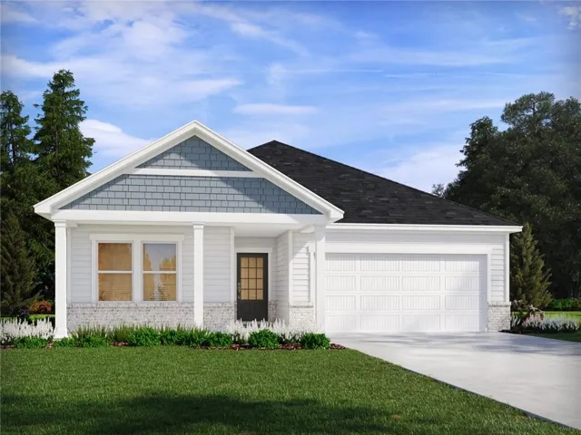 Single-story residence featuring a covered entry, white siding, stone veneer accents, and a two-car garage
