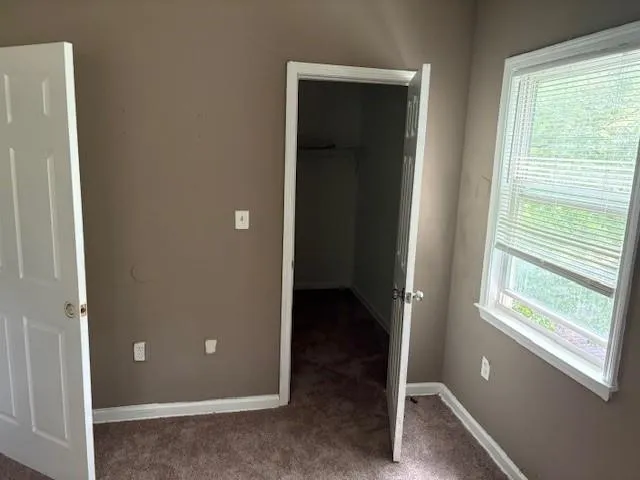 Unfurnished bedroom featuring a walk in closet and carpet