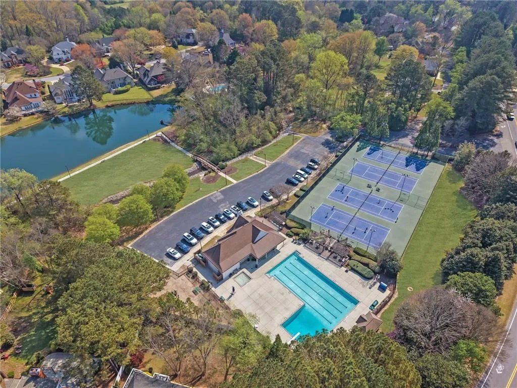 Aerial view of a large body of water and a pool