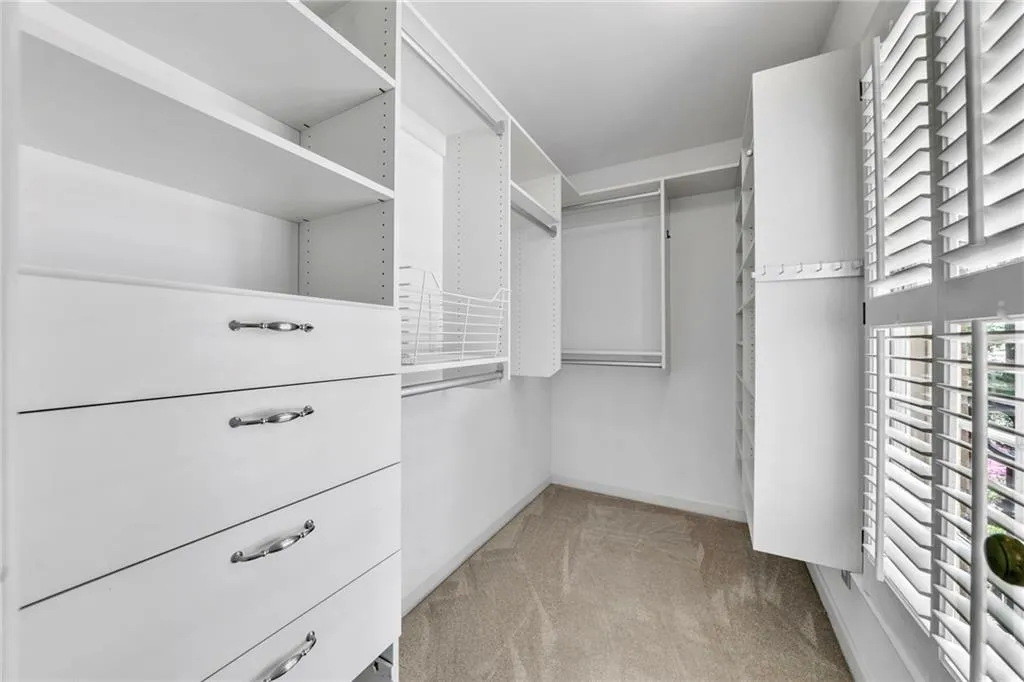 Walk in closet featuring light colored carpet and built-ins Walk in closet featuring light colored carpet and built-ins