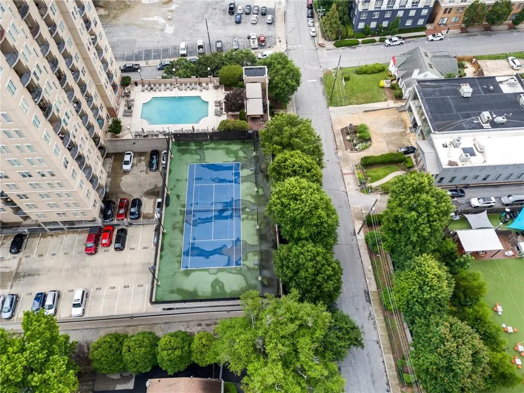 Drone / aerial view of a pool area