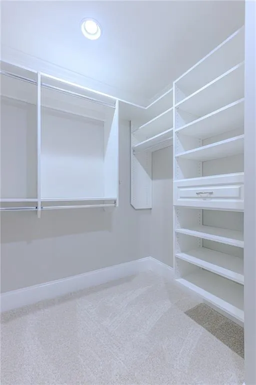 Walk in closet with light colored carpet