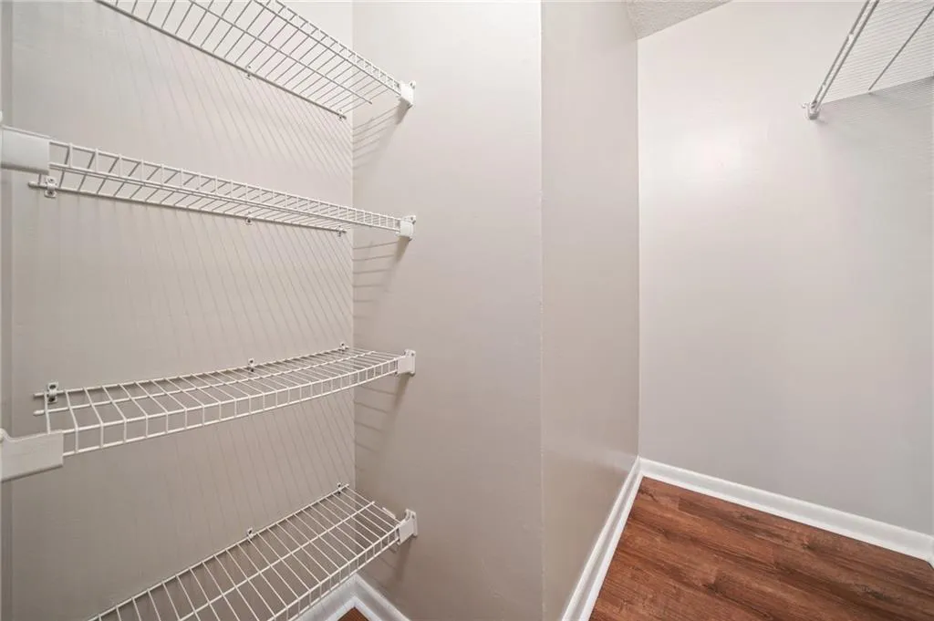 Spacious closet with dark hardwood / wood-style flooring