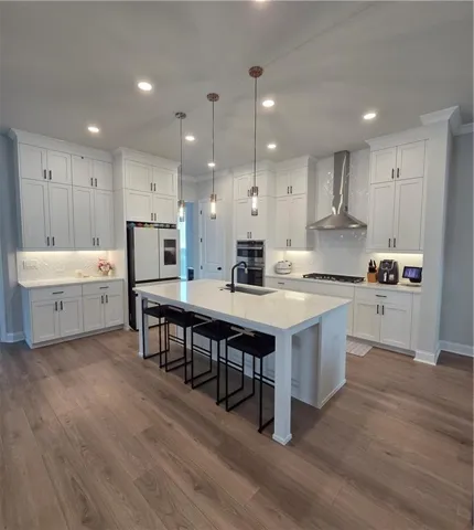 Kitchen featuring an expansive island with a built-in sink, stainless steel appliances, extensive white cabinetry, recessed lighting, and wood-finish flooring