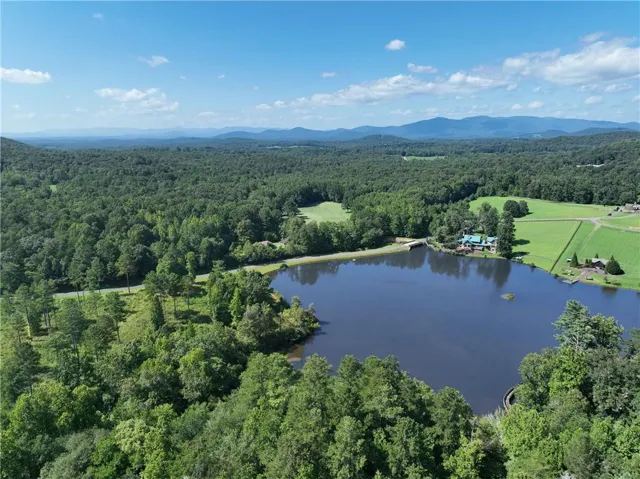 Expansive natural landscape with a large body of water, extensive tree coverage, and distant mountains
