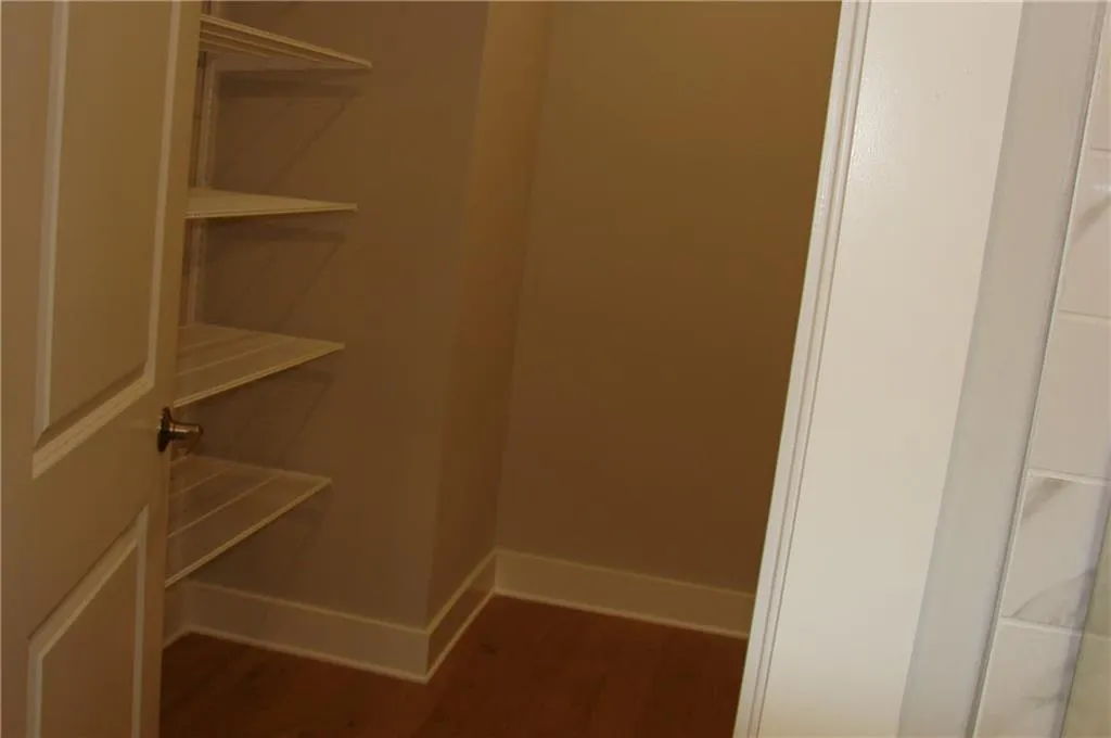 Primary walk-in closet with wood finished floors