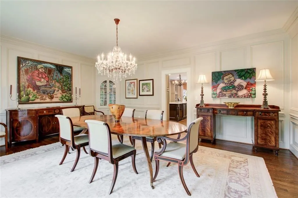 Banquet size dining room with views of the kitchen