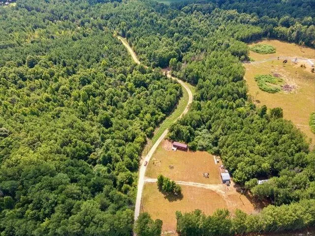 Expansive acreage featuring significant wooded areas, open clearings, and a winding dirt road