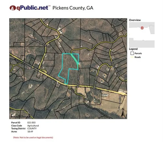 Tax Parcel Map. Presenting an aerial view of the property and its surrounding parcels in Pickens County, GA