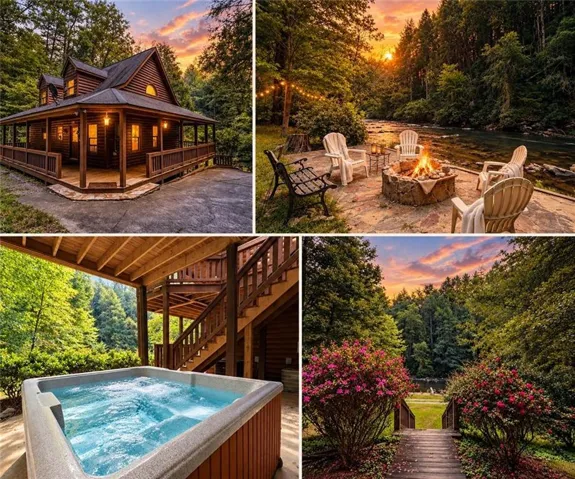 Image collage. Showcasing exterior views of the property including a residential structure, outdoor seating with a fire pit, a hot tub, and a landscaped pathway