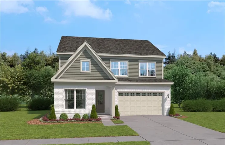 Two-story residence featuring a combination of white brick and horizontal siding, an attached two-car garage, and a gabled roofline