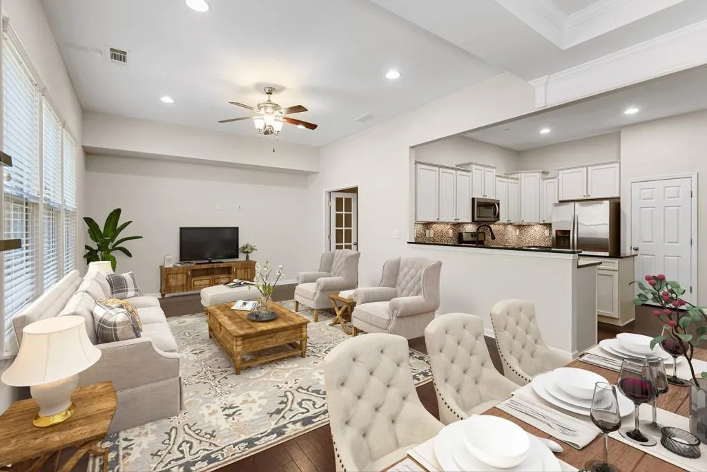 Kitchen, living/dining, overlook private, yard.