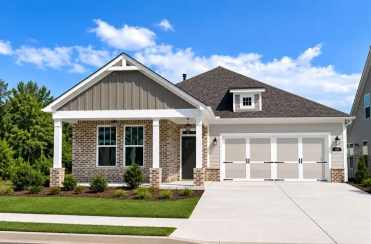Brick and siding exterior with a covered porch, attached two-car garage, concrete driveway, and dormer window
