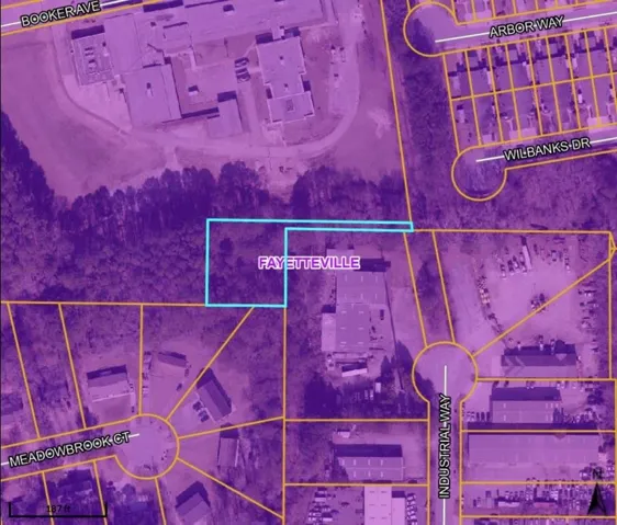 Aerial map of property and surrounding area featuring property boundaries highlighted