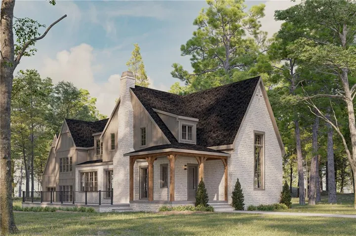 Exterior featuring white brick and vertical wood siding