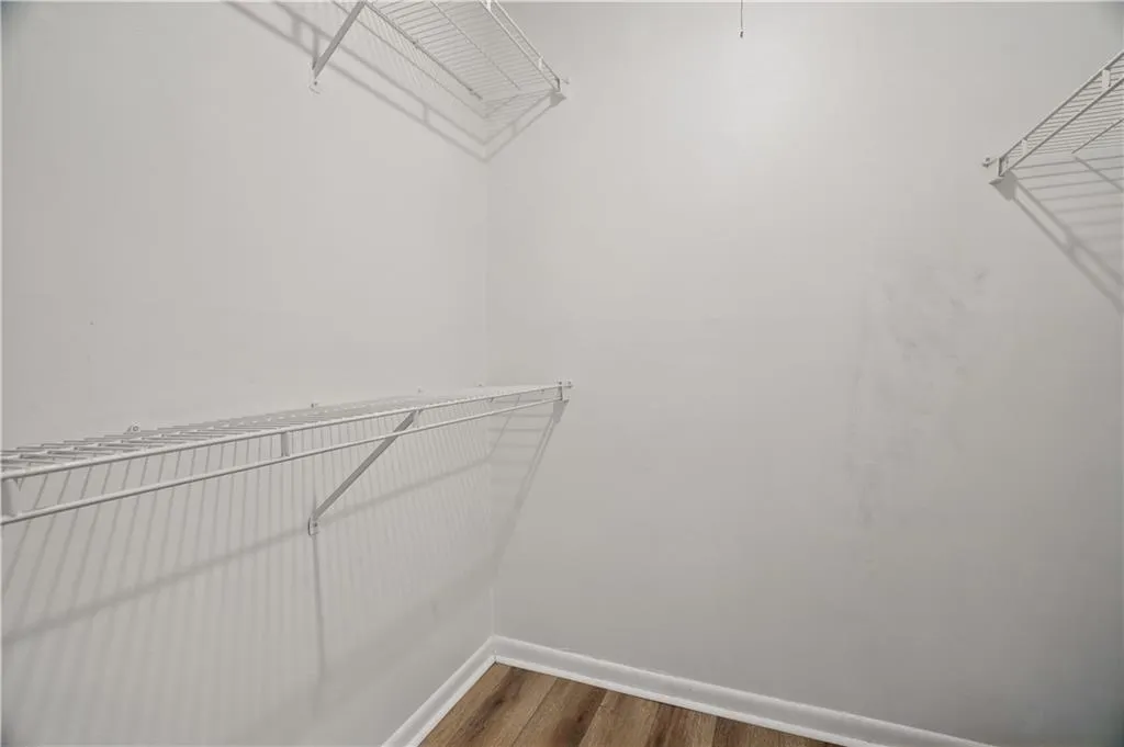 Walk in closet featuring dark wood-style flooring