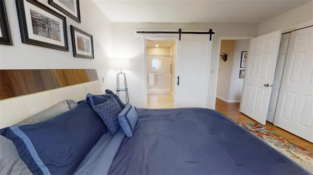 Bedroom featuring a barn door, wood finished floors, ensuite bathroom, and a closet