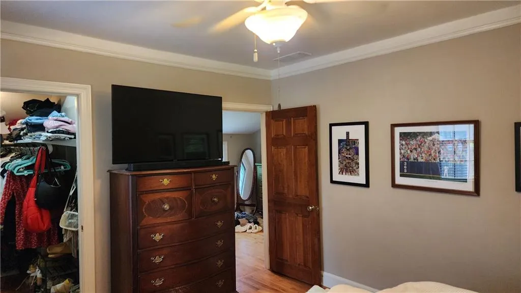 Bedroom featuring crown molding, a spacious closet, light wood-type flooring, a closet, and ceiling fan