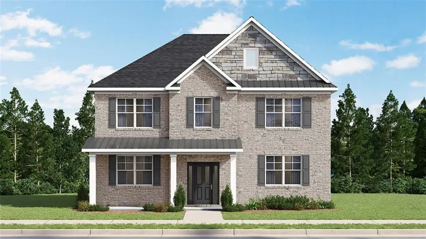 Two-story brick exterior with stone accents, a covered front porch, dark shutters, and a dark shingle roof