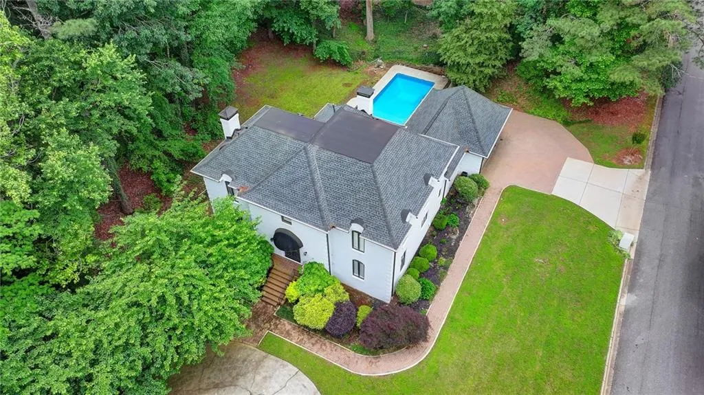 View from above of property with a pool