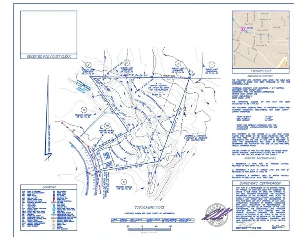 Survey Plat. Illustrating property boundaries, topographical features, and general notes regarding the property
