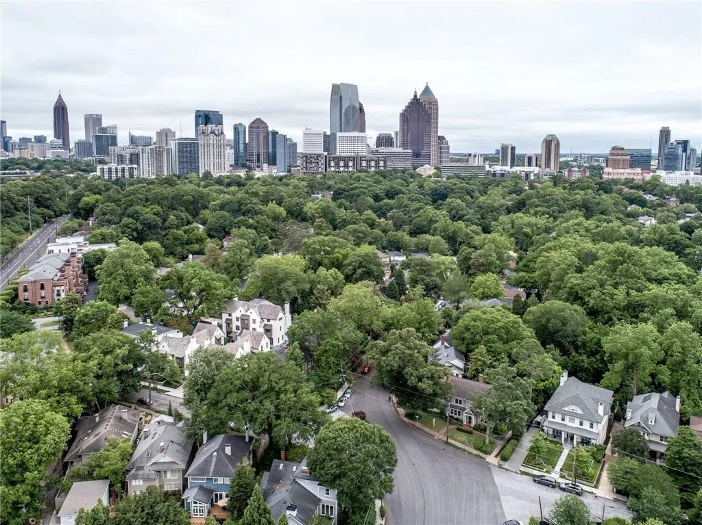 Urban skyline backdrop with extensive tree canopy