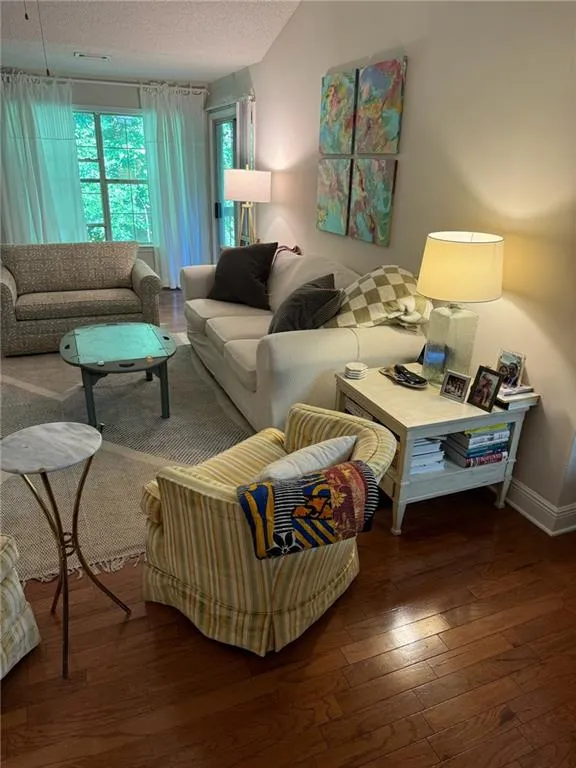 Living room with a textured ceiling and dark hardwood / wood-style floors