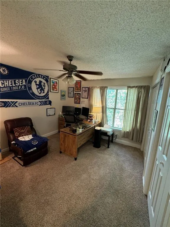 Carpeted office space featuring ceiling fan and a textured ceiling