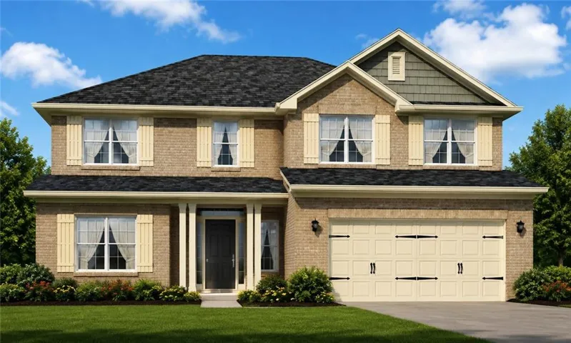 Brick exterior with a shingled roof, a two-car garage, and decorative shutters