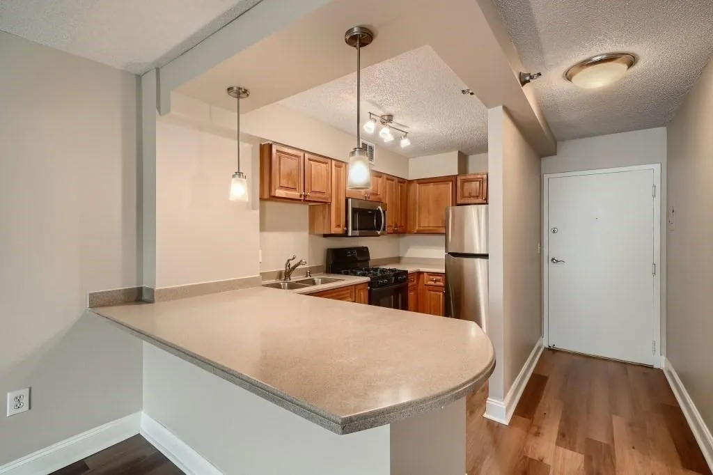 Kitchen featuring pendant lighting, kitchen peninsula, light hardwood / wood-style floors, stainless steel appliances, and a textured ceiling