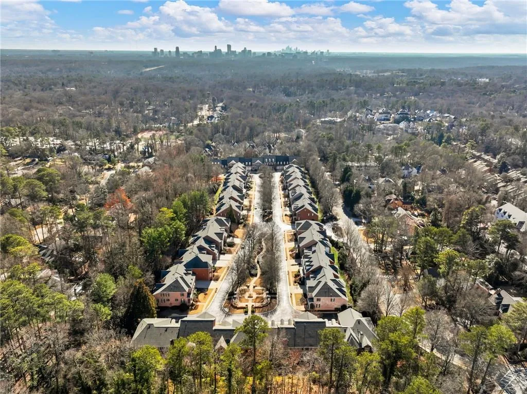 Bird's eye view of subdivision and surrounding area with Atlanta skyline in the background.