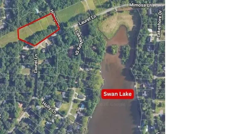 Aerial Property Map. Showing the location of Swan Lake and surrounding land parcels with boundary delineation in red outline