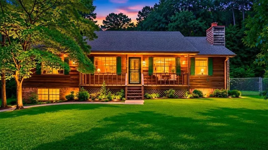 Wood-sided ranch home featuring a covered front porch, a prominent brick chimney, and a gravel pathway