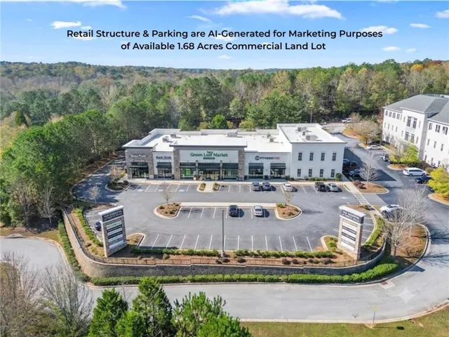 Commercial land lot featuring an AI-generated retail structure and parking for marketing purposes