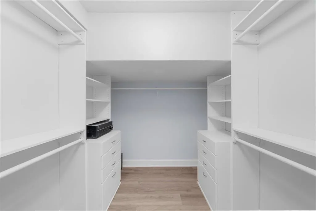 Walk in closet with light wood finished floors